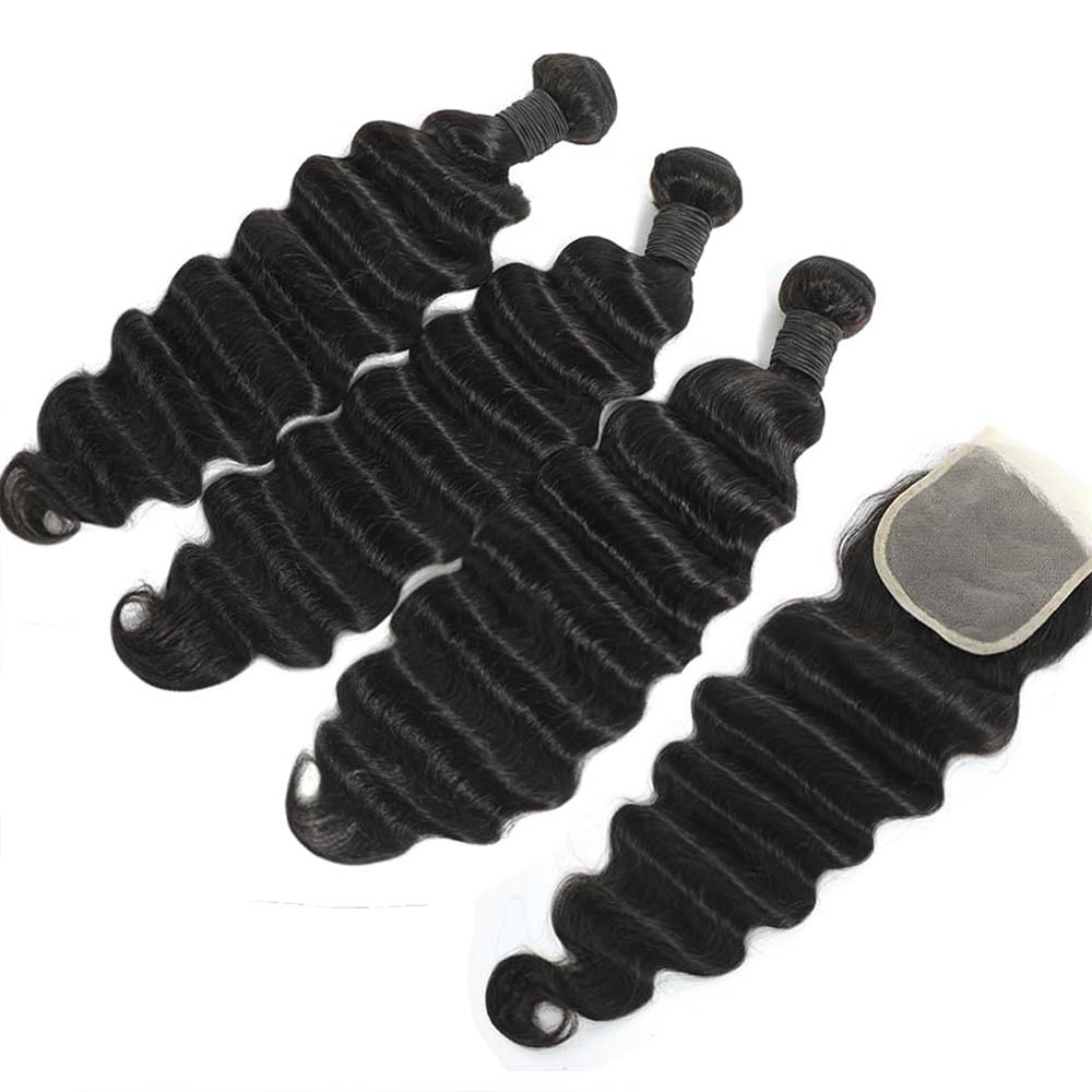 Deep Wave 3 Bundles With Closure - Surowe, luźne pasma włosów ludzkich o